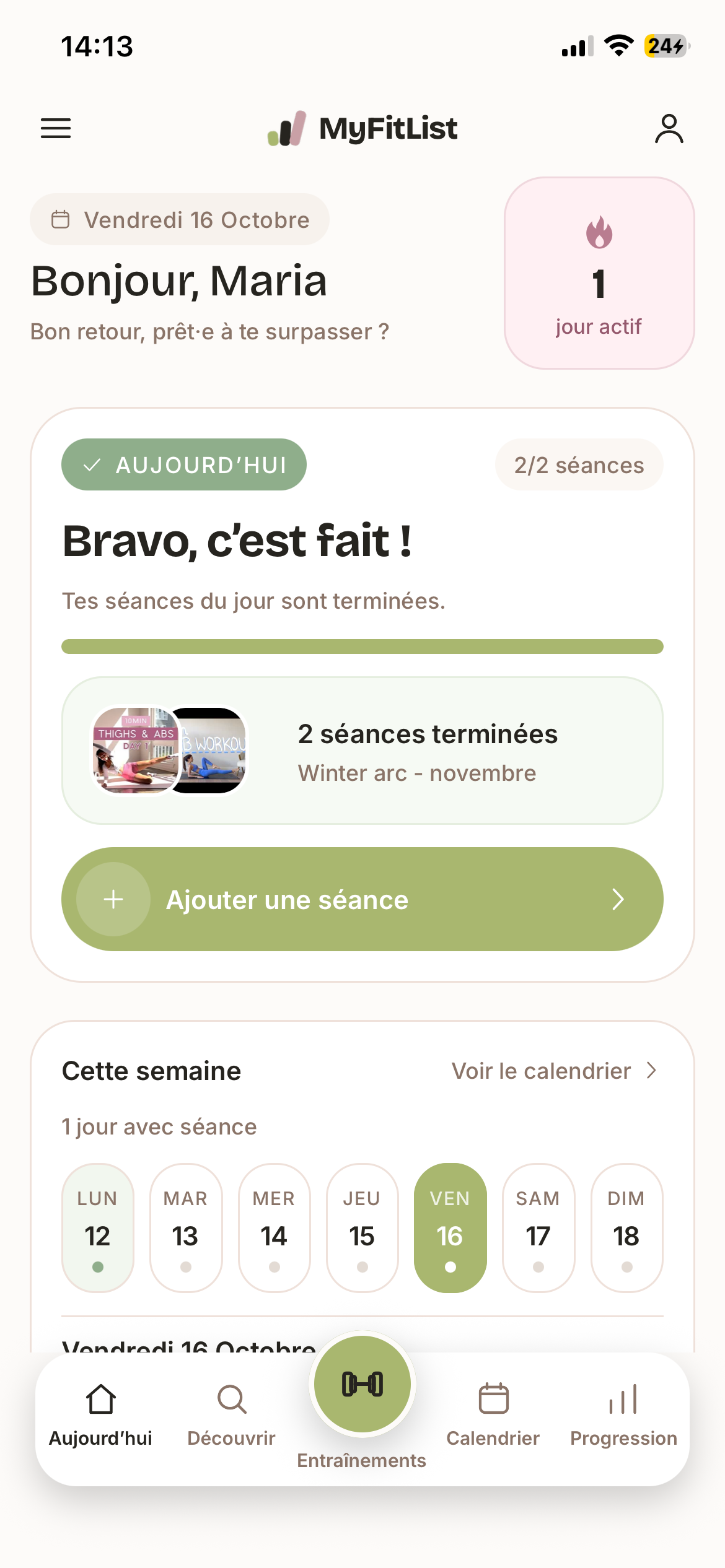 Accueil de MyFitList : séance Pilates du jour et calendrier de la semaine