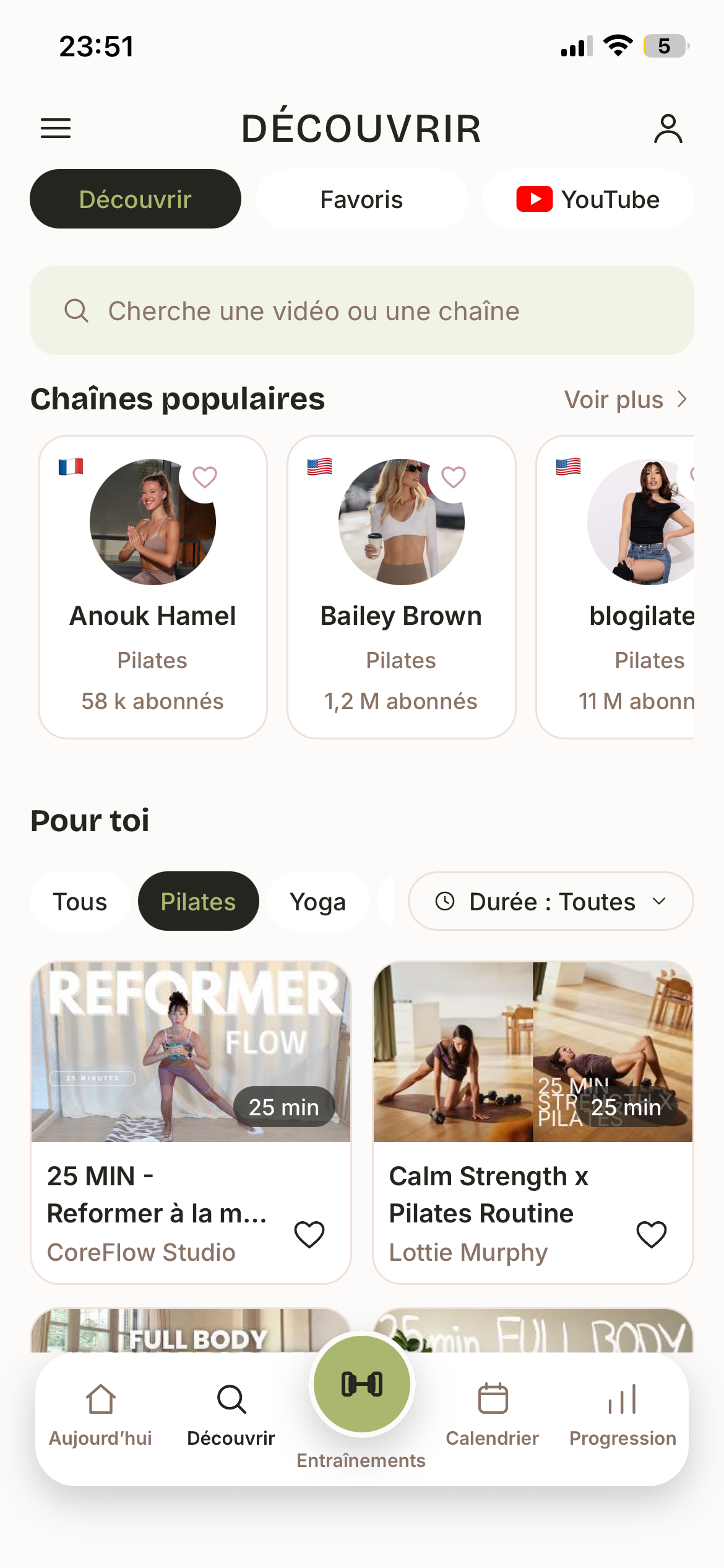 Découverte des vidéos et des chaînes de Pilates dans MyFitList