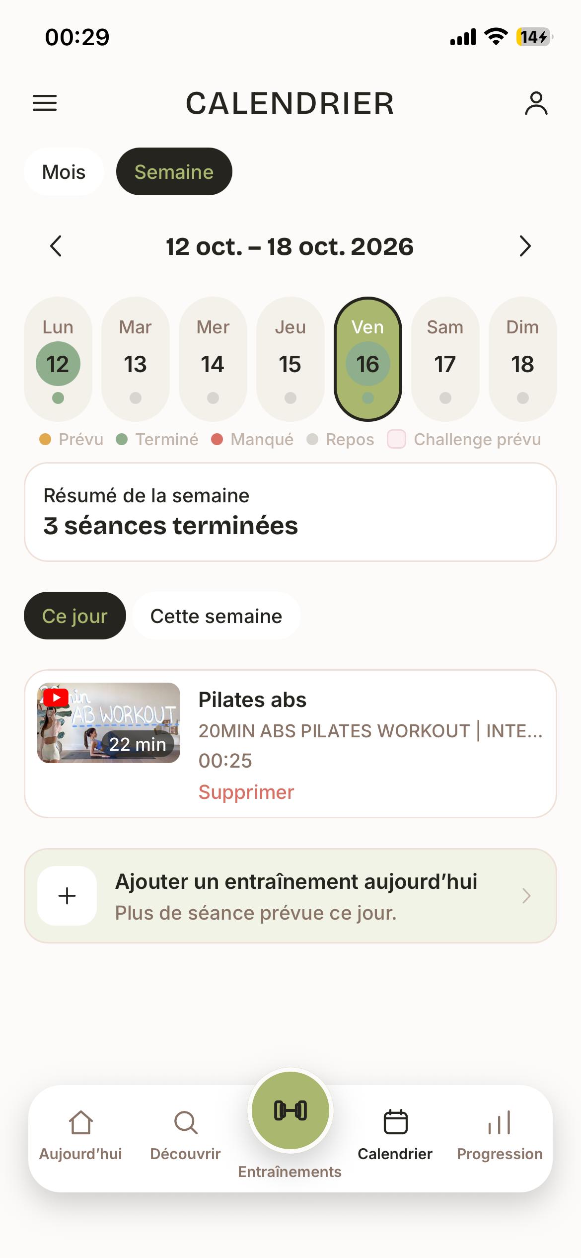 Calendrier hebdomadaire des entraînements dans MyFitList