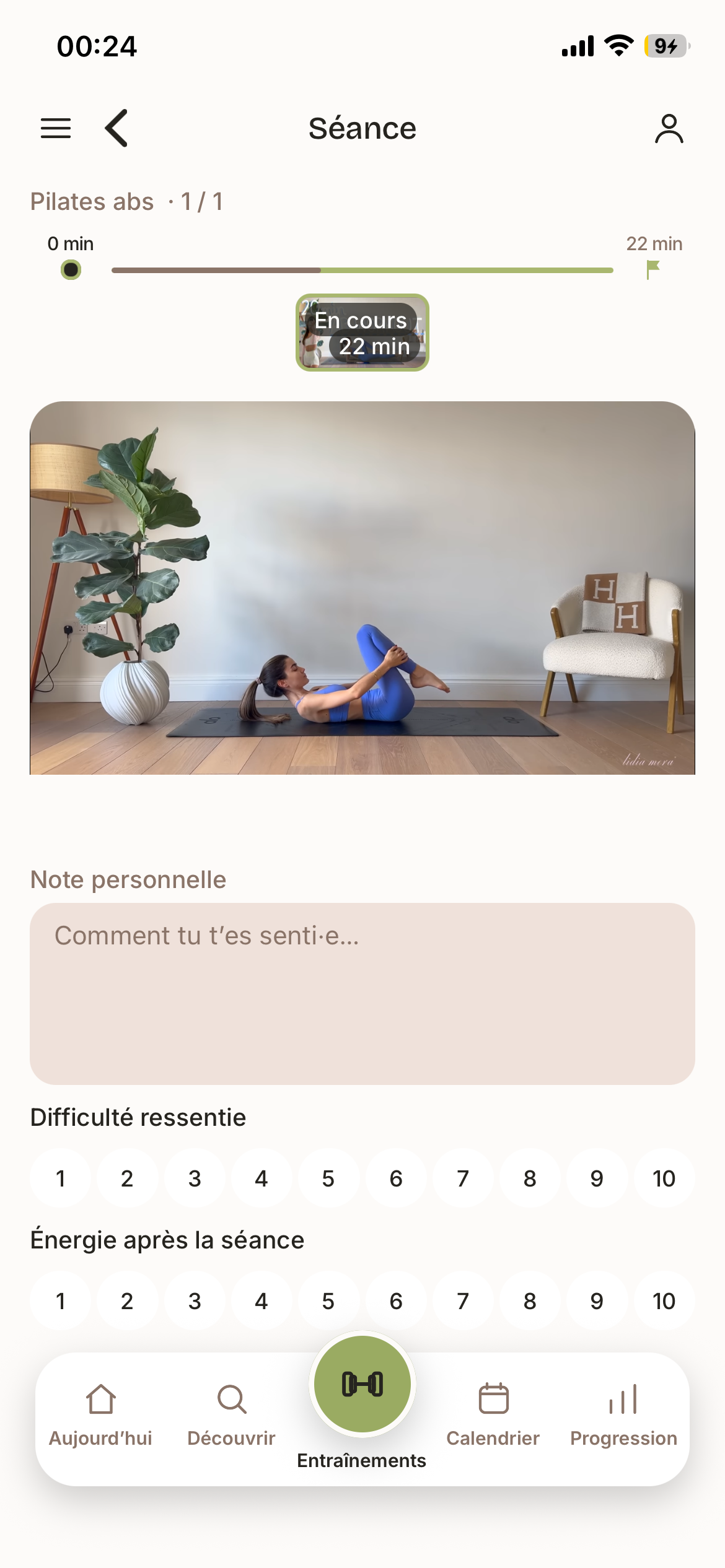 Une séance Pilates en cours dans MyFitList