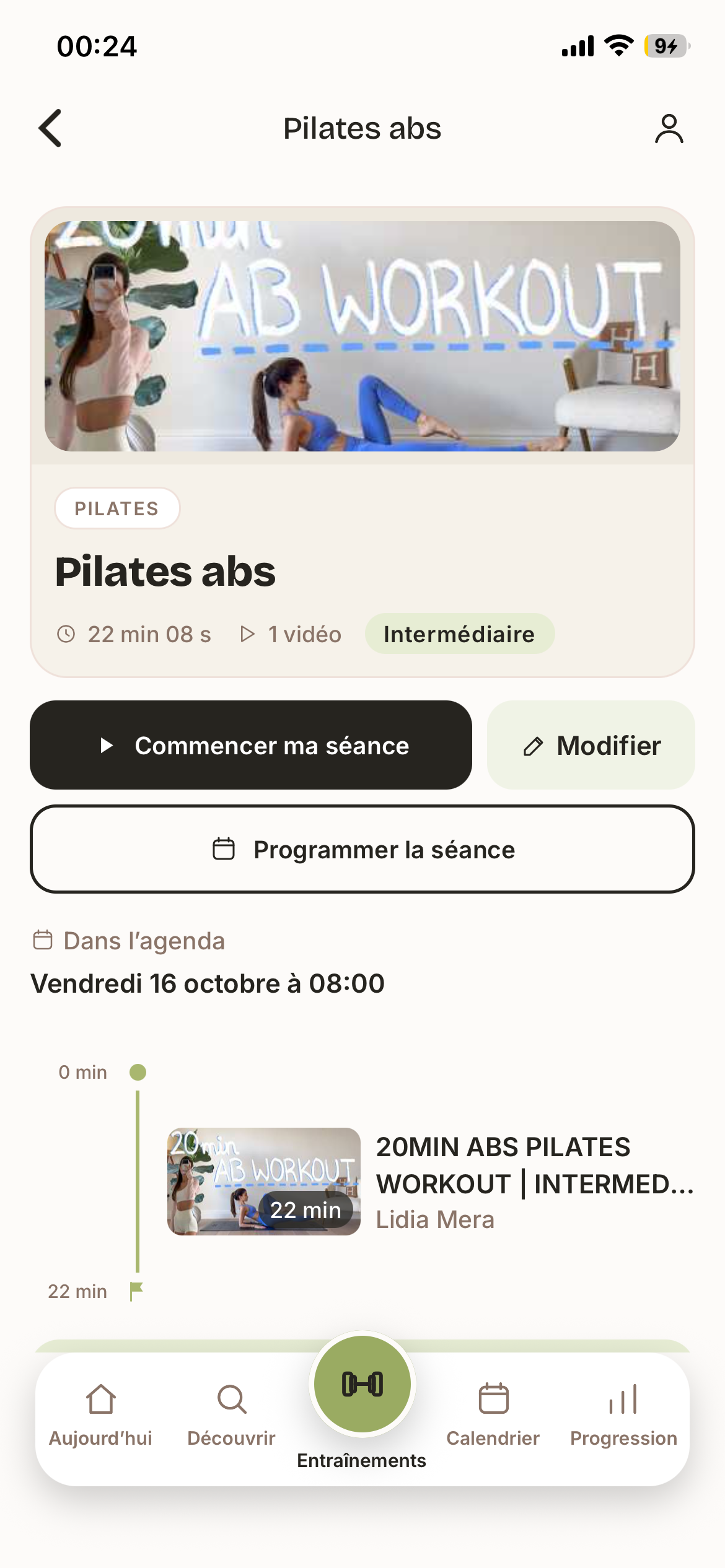 La séance Pilates abs avec sa vidéo, sa durée et ses options